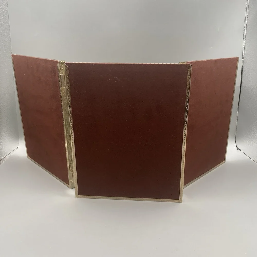 Mid Century Brass Tri-Fold Hinged Frame 8 X 10 Ornate‎ Fold Flat Hinges Etched